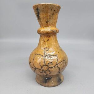 Vintage Stoneware Vase Beige Floral Etched 7" Pottery